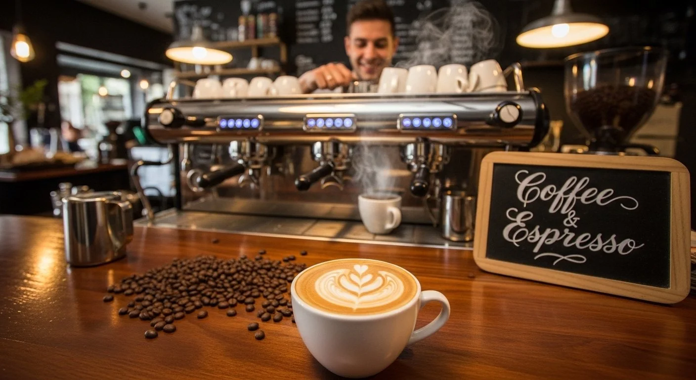 A barista making coffee at a coffee shop with a latte in the foreground, artfully designed with a heart and leaf pattern, and a sign that reads 'Coffee & Espresso'; coffee beans scattered on the wooden counter.