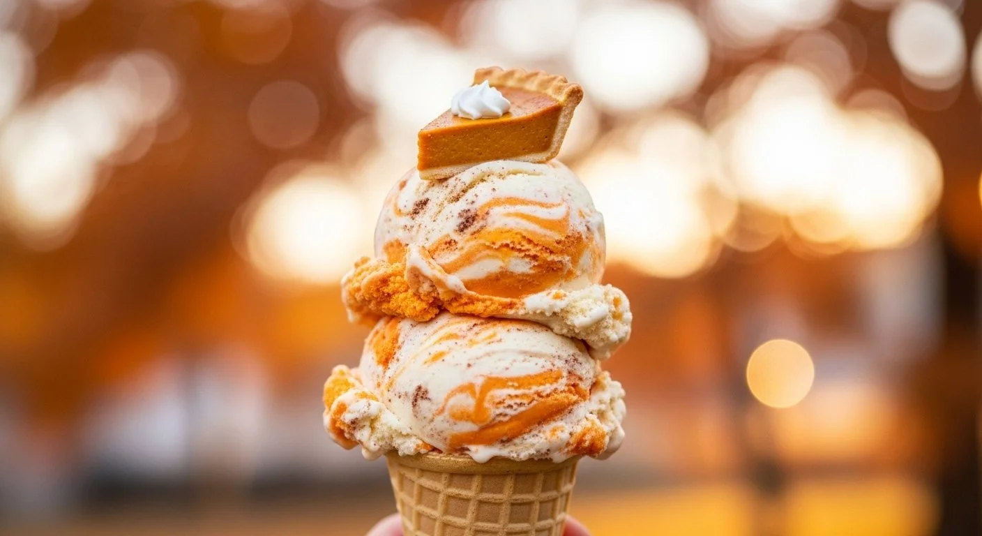 Three scoops of ice cream in a waffle cone with caramel swirls, a cookie on top, and surrounded by a blurred warm-toned background.