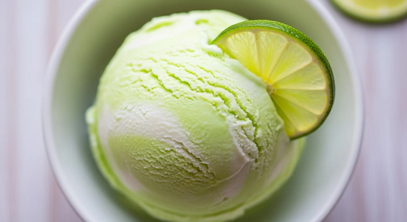 A scoop of lemon-lime flavored ice cream in a white bowl, garnished with a lime wedge, on a white wooden surface.
