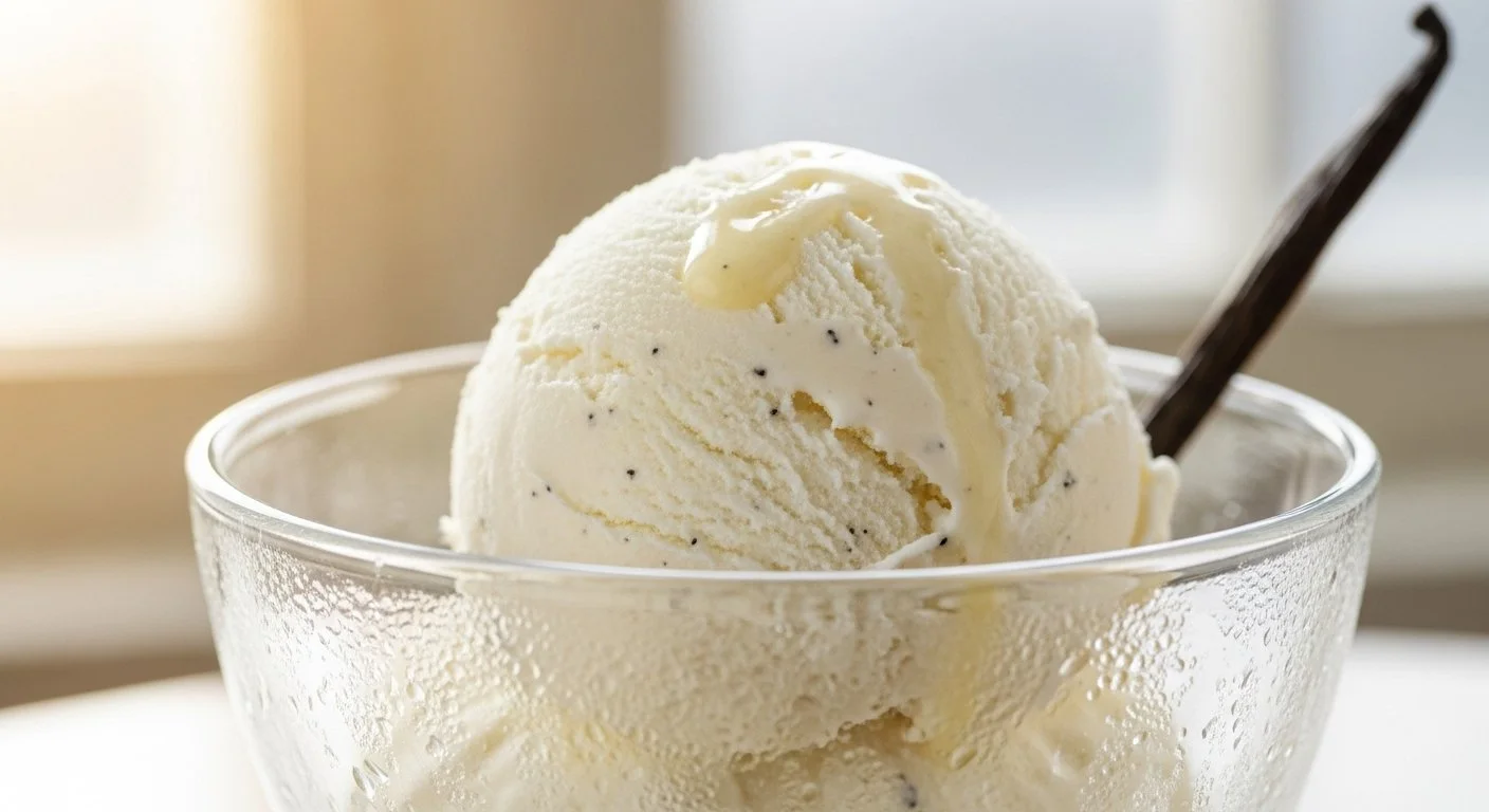 A scoop of vanilla ice cream with black specks in a glass bowl, topped with a drizzle of syrup and a spoon on the side.