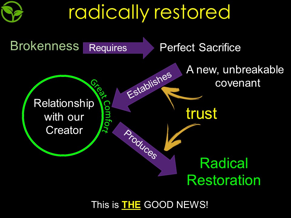 One of the slides from the sermon. The process of restoration can not happen when we try harder but comes through the free gift of intimacy with God through the work of Jesus on the cross in establishing an unbreakable covenant between the Father and the Son- and we are IN THE SON!