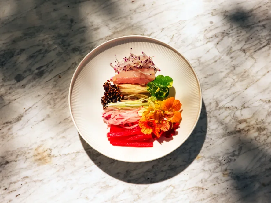SaraDining_Salad-of-raw-wild-kingfish-and-tuna-radishes-Moraea-Farm-pickles-sesame-plum-.webp