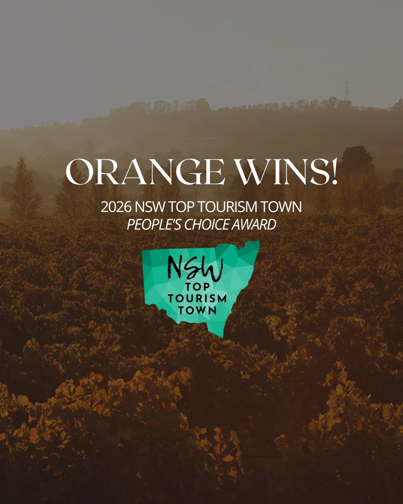 A destination worth celebrating. ✨

Orange has been crowned the 2026 NSW Top Tourism Town NRMA People's Choice Award Winner, as well as receiving Silver in the NSW Top Tourism Town Awards.

From award-winning wineries and exceptional dining to stunni