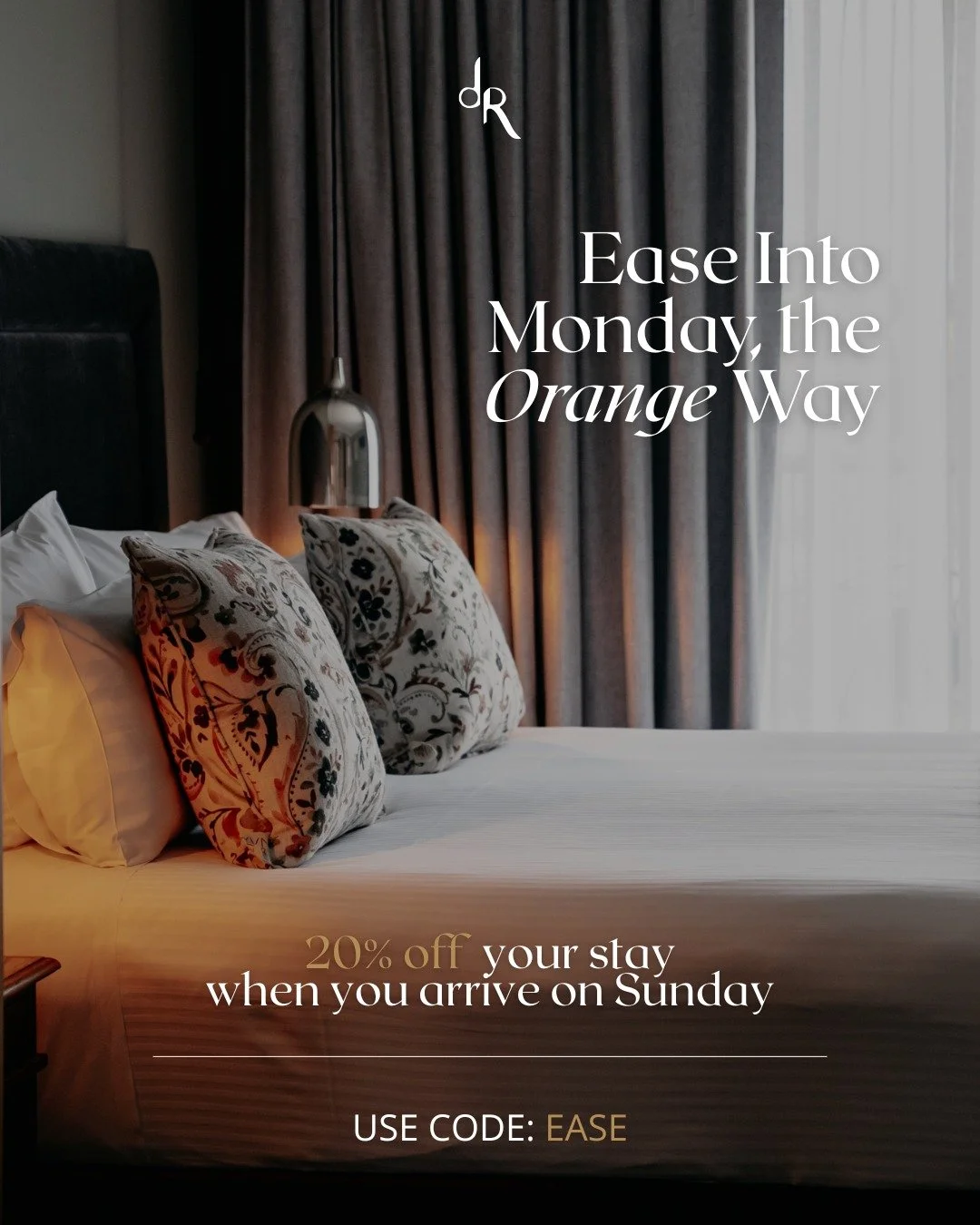 The Sunday check-in you didn't know you needed ✨

Arrive into Orange with the weekend still in your step... a glass of local wine, no alarm set, and 20% off your entire stay waiting for you.

Our Ease Into Monday offer is made for those who know the 