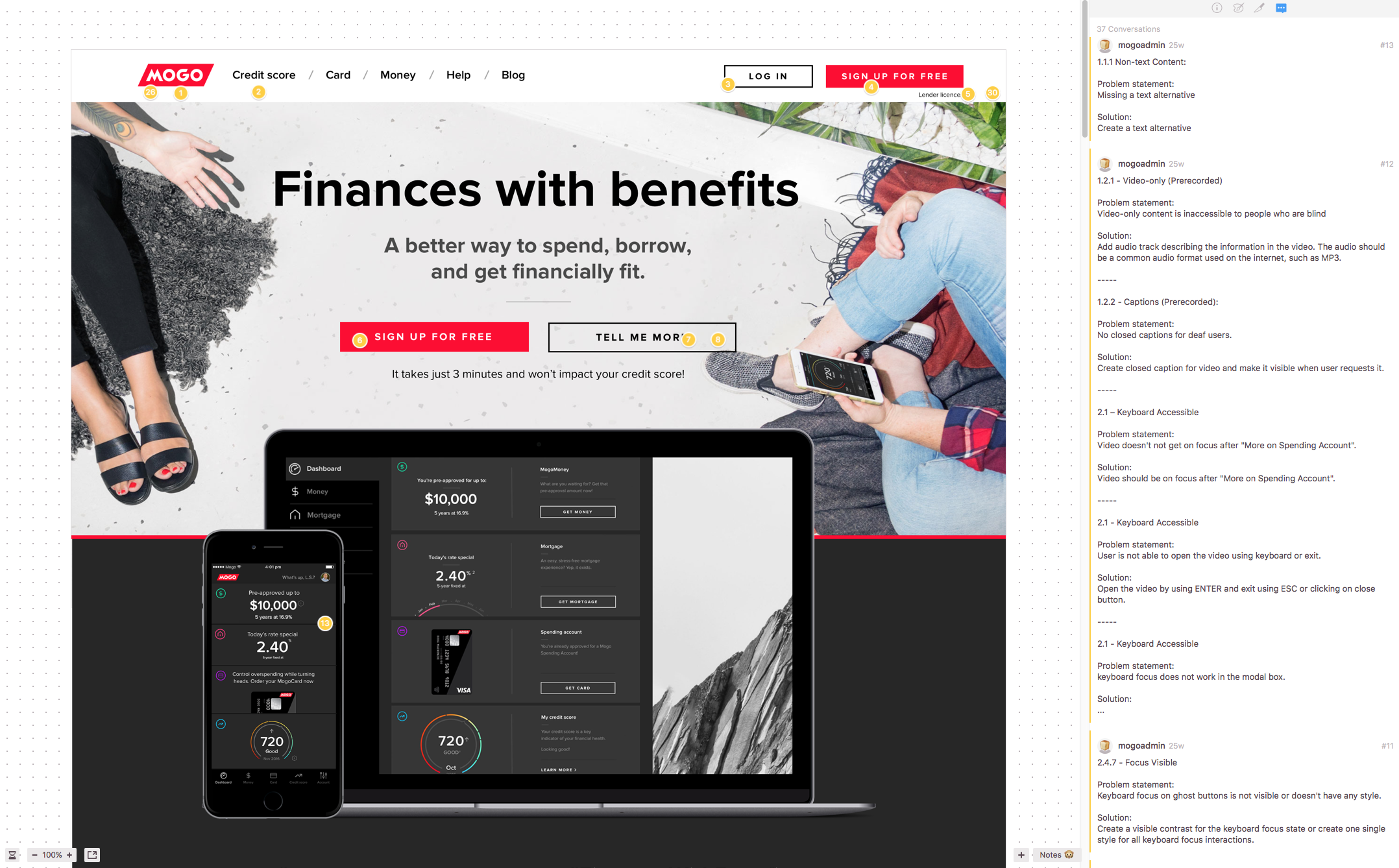 Example of accessibility audit that I created for Mogo's marketing website.