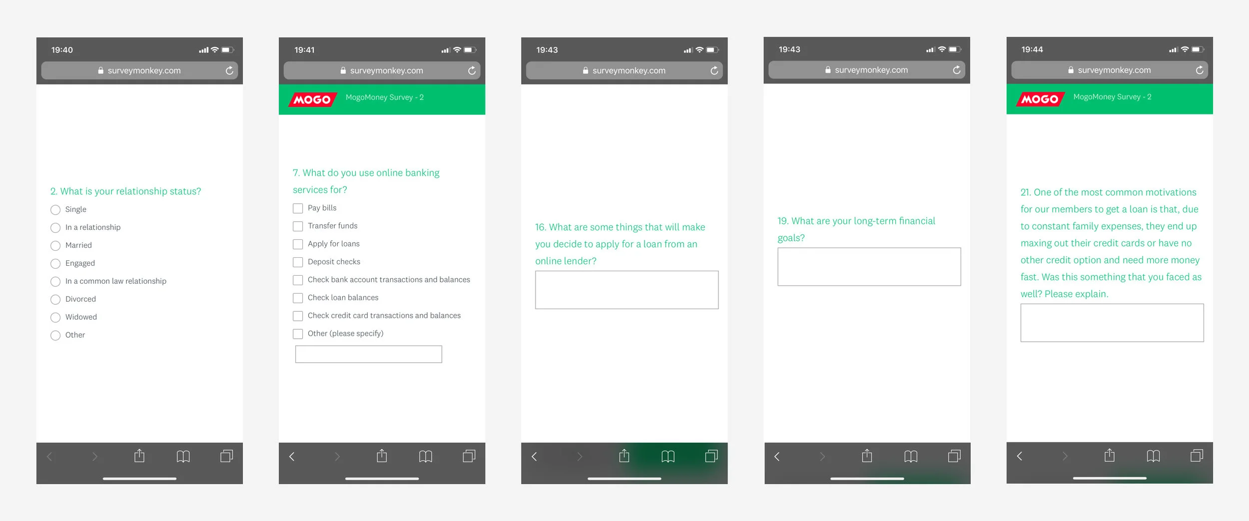 Questions from the survey sent out to Mogo loan users to validate personas.
