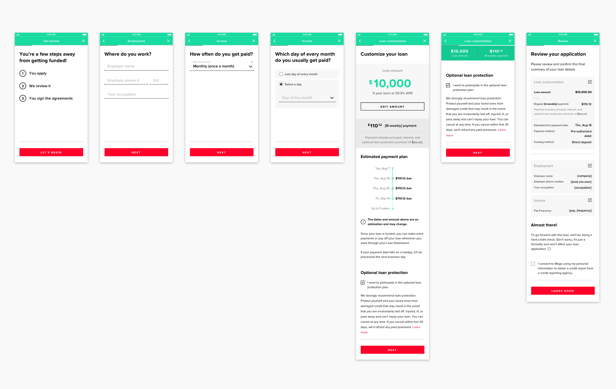 High-fidelity mockups for the loan application (experience before the Bank Verification flow).
