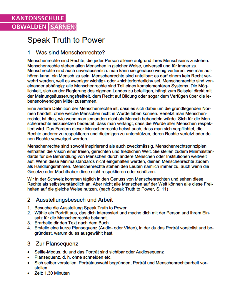 QR-Code Projekt zur Fotoausstellung “Speak Truth To Power” von Fachlehrer M. Bhend, Kantonsschule Obwalden