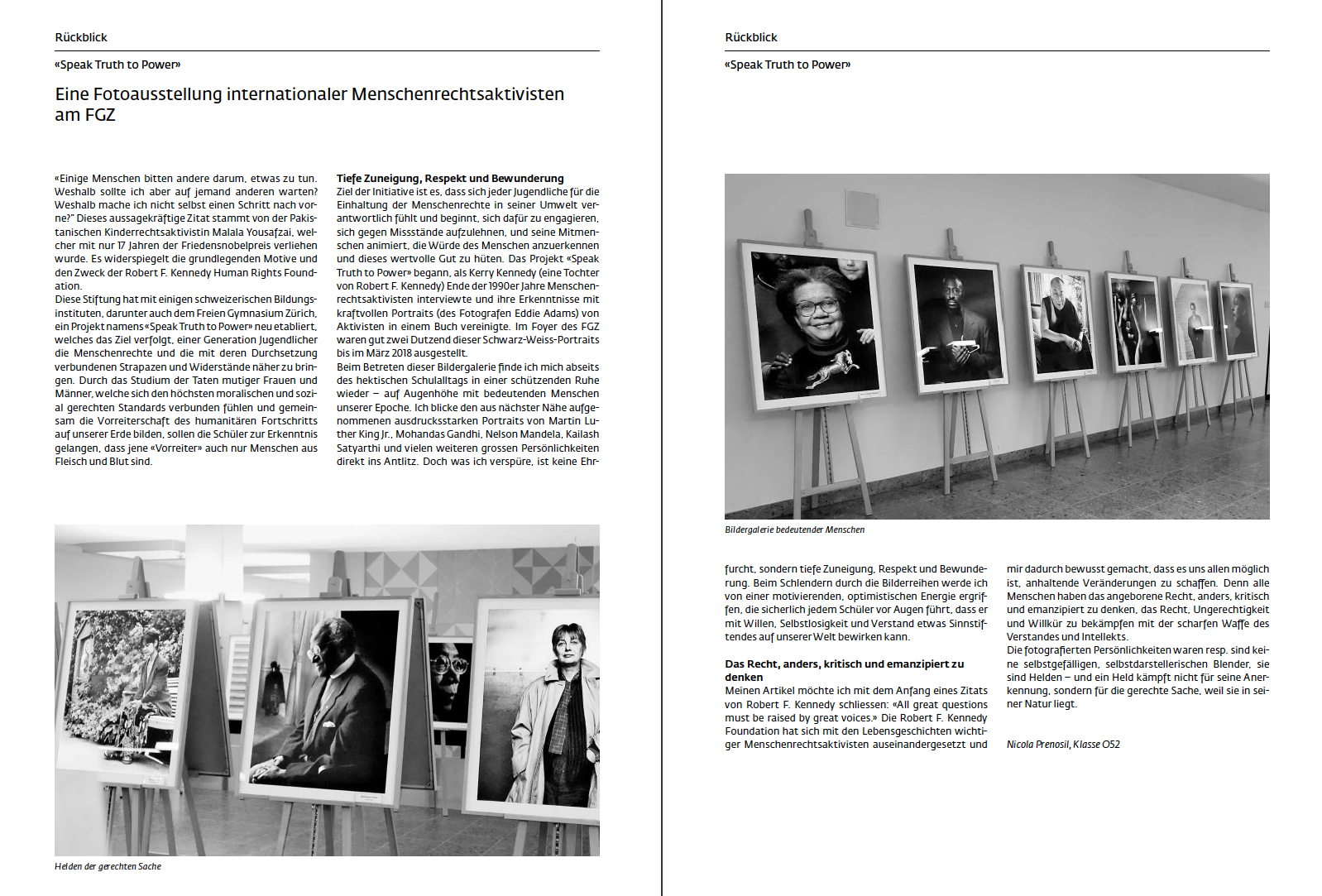 Der Schüler Nicola Prenosil über die Fotoausstellung Speak Truth To Power am Freien Gymnasium in Zürich (aus dem Jahresbericht 2017-18).