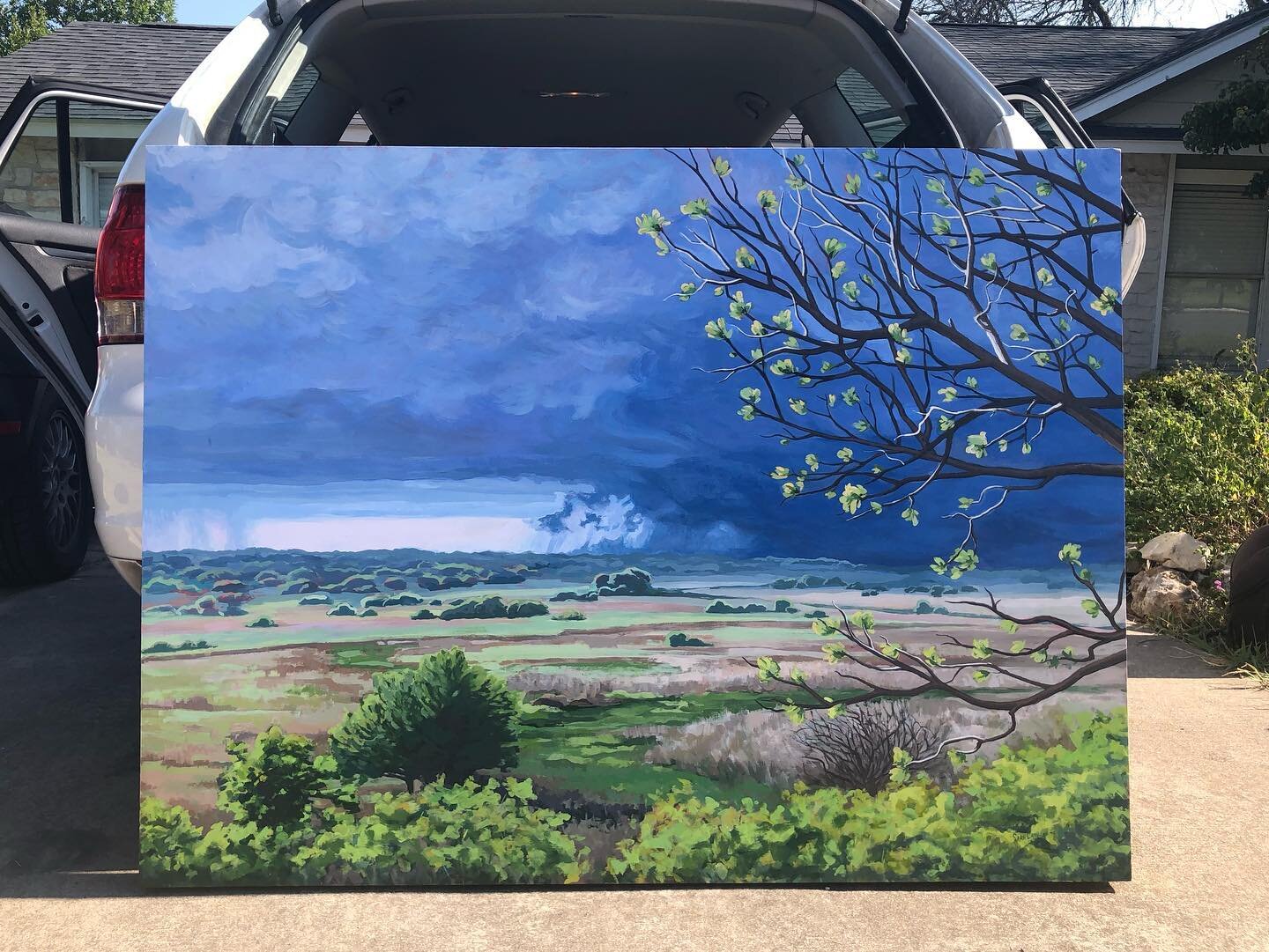 Delivered this pretty (big) baby today 🙌

Untitled 36x48&rdquo; gouache on cradled wood panel. Stormy sky + sunny foreground is one of my favorite kinds of scenes to exist in, and to recreate 😌. Swipe to see the layers stripped away all the way to 