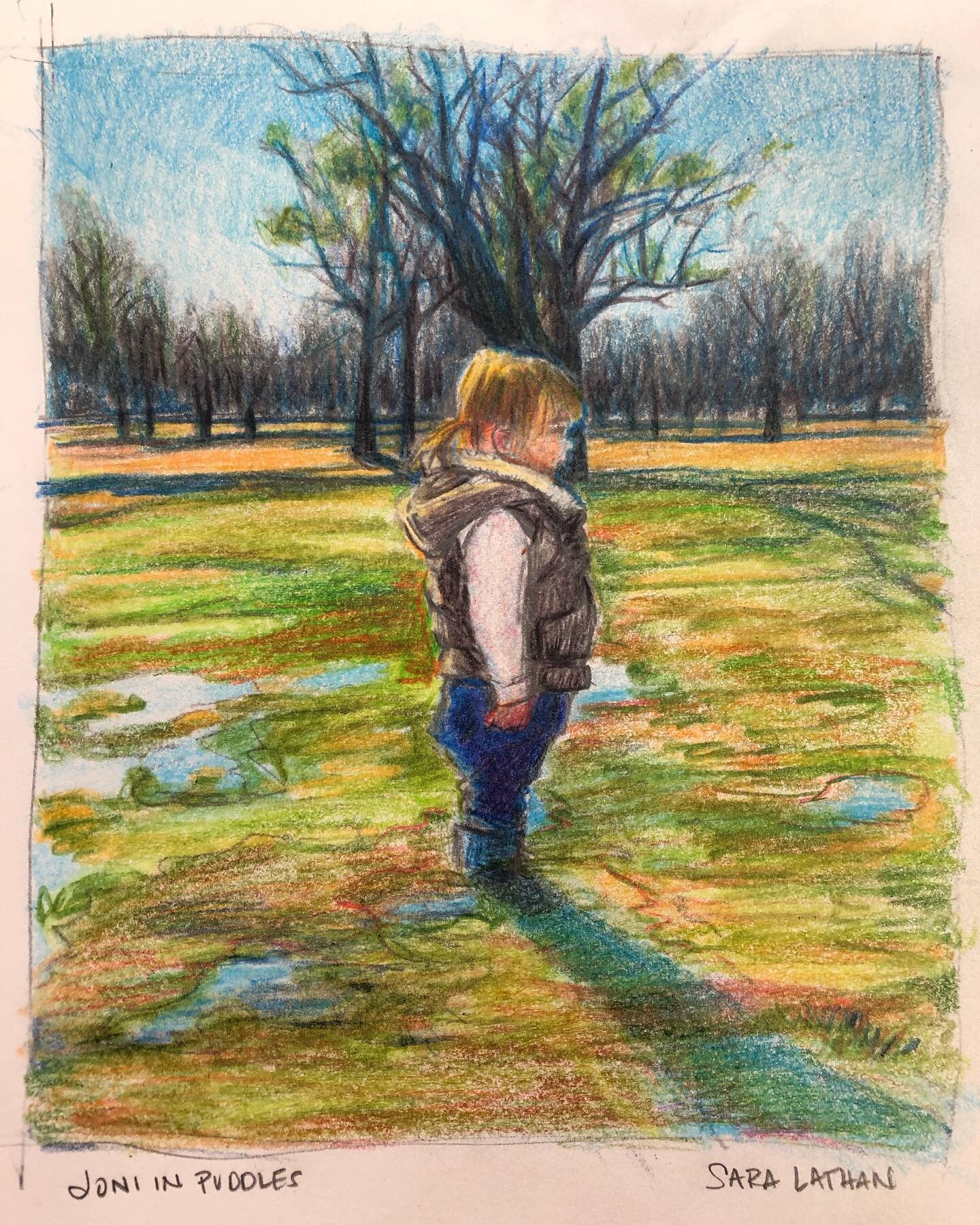 Had some fun with my new colored pencils last night. Classic Joni, just zoning out, standing in a puddle.