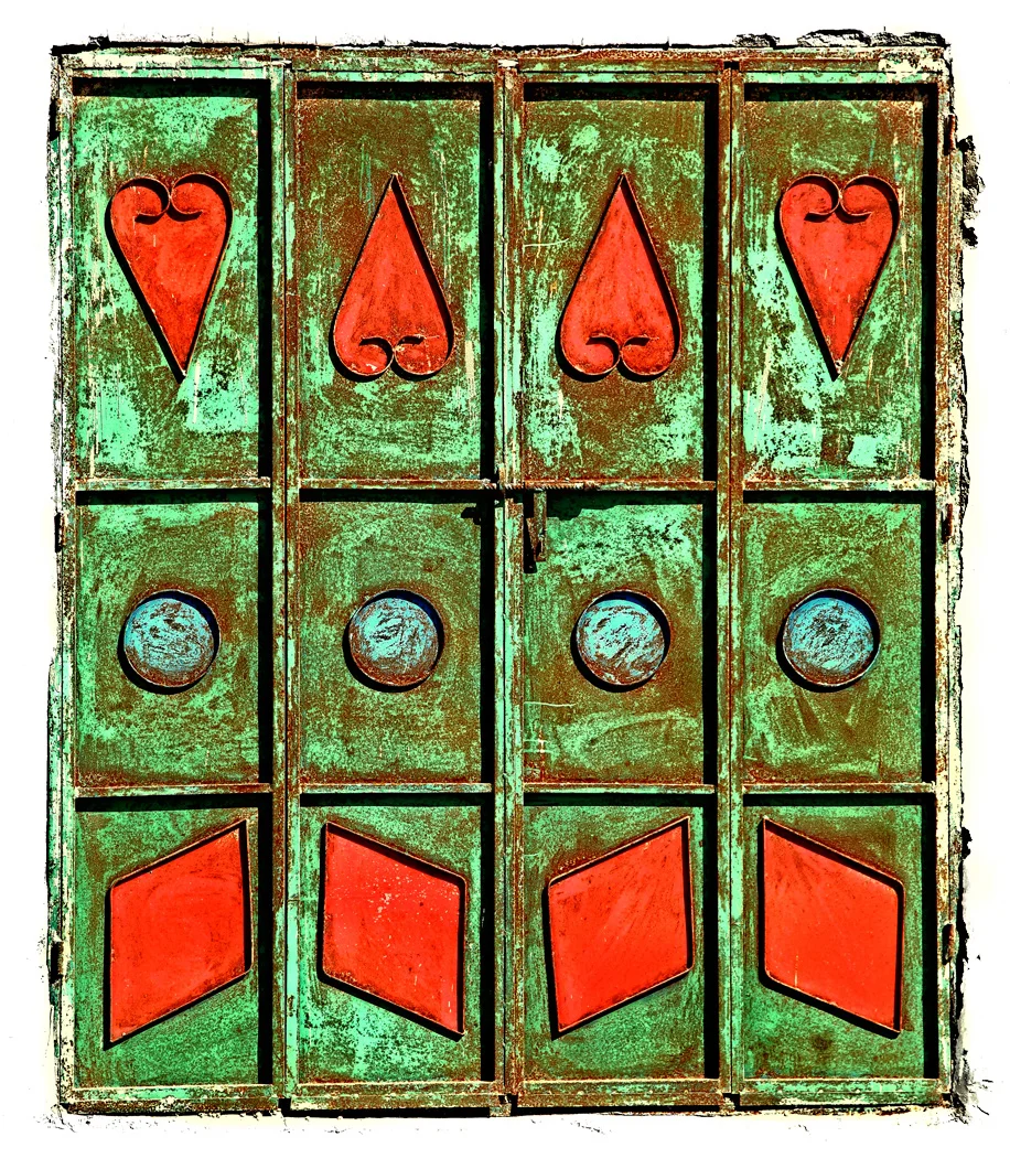 Door with four red hearts.