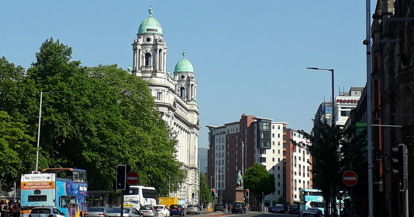 A green street scene, College Square, Belfast