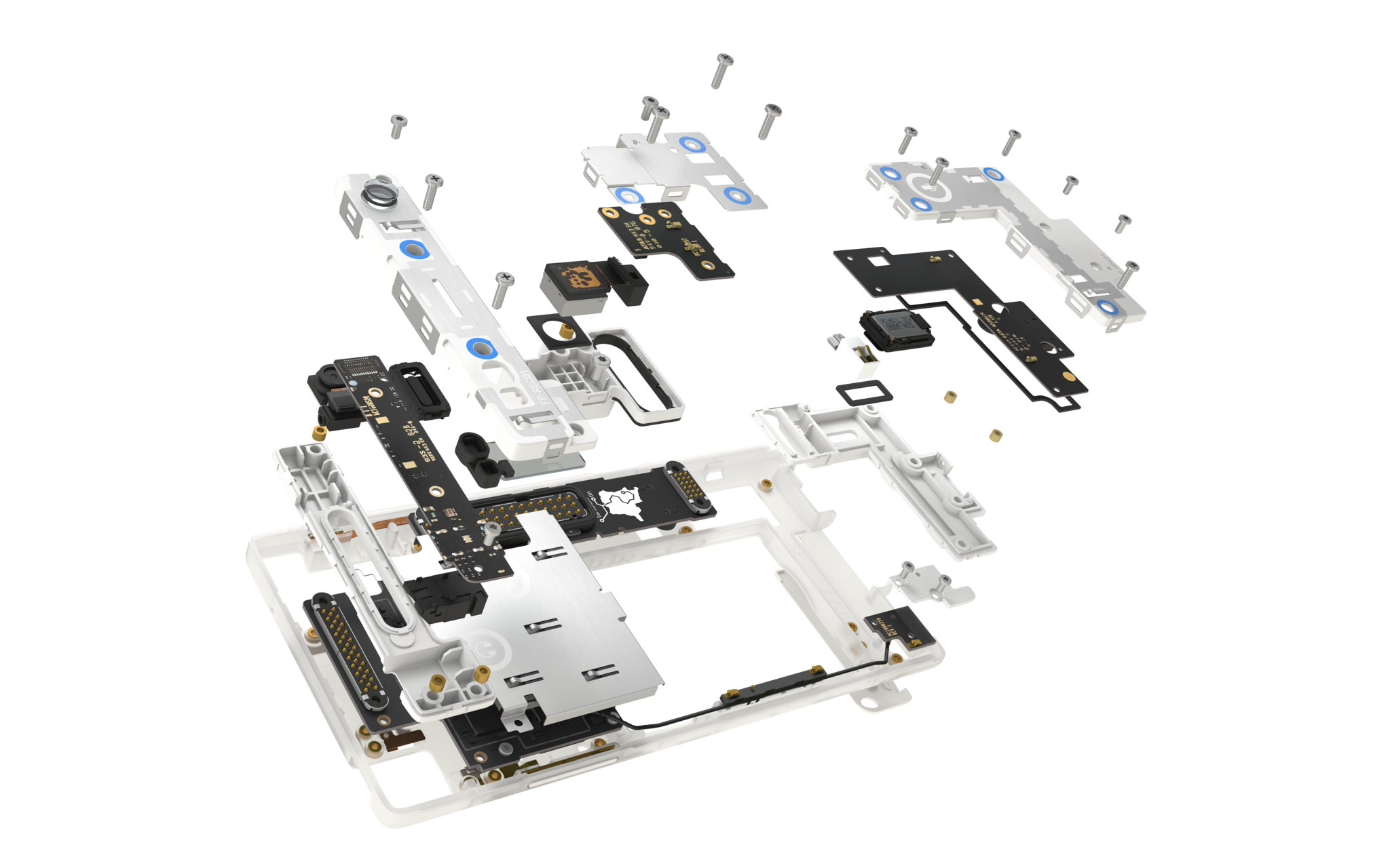 The Fairphone 2, exploded view of modular architecture