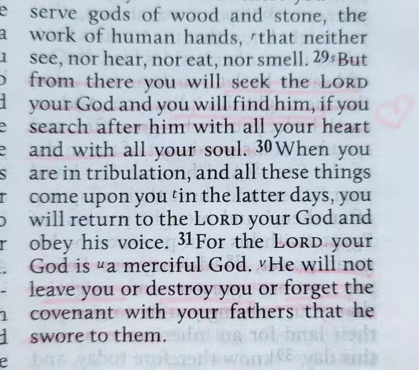 ‭‭Deuteronomy 4:31 ESV‬‬

For the Lord your God is a merciful God. He will not leave you or destroy you or forget the covenant with your fathers that he swore to them.