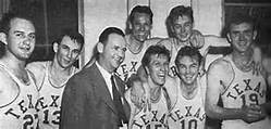 The 1947 UT basketball team in their Gregory Gym locker room after defeating Arkansas for the SWC championship. From the left, Tom Hamilton, John Hargis, Al Madsen (back), Slater Martin, coach Jack Gray (front), Roy Cox, Dan Wagner, and John Langdon.