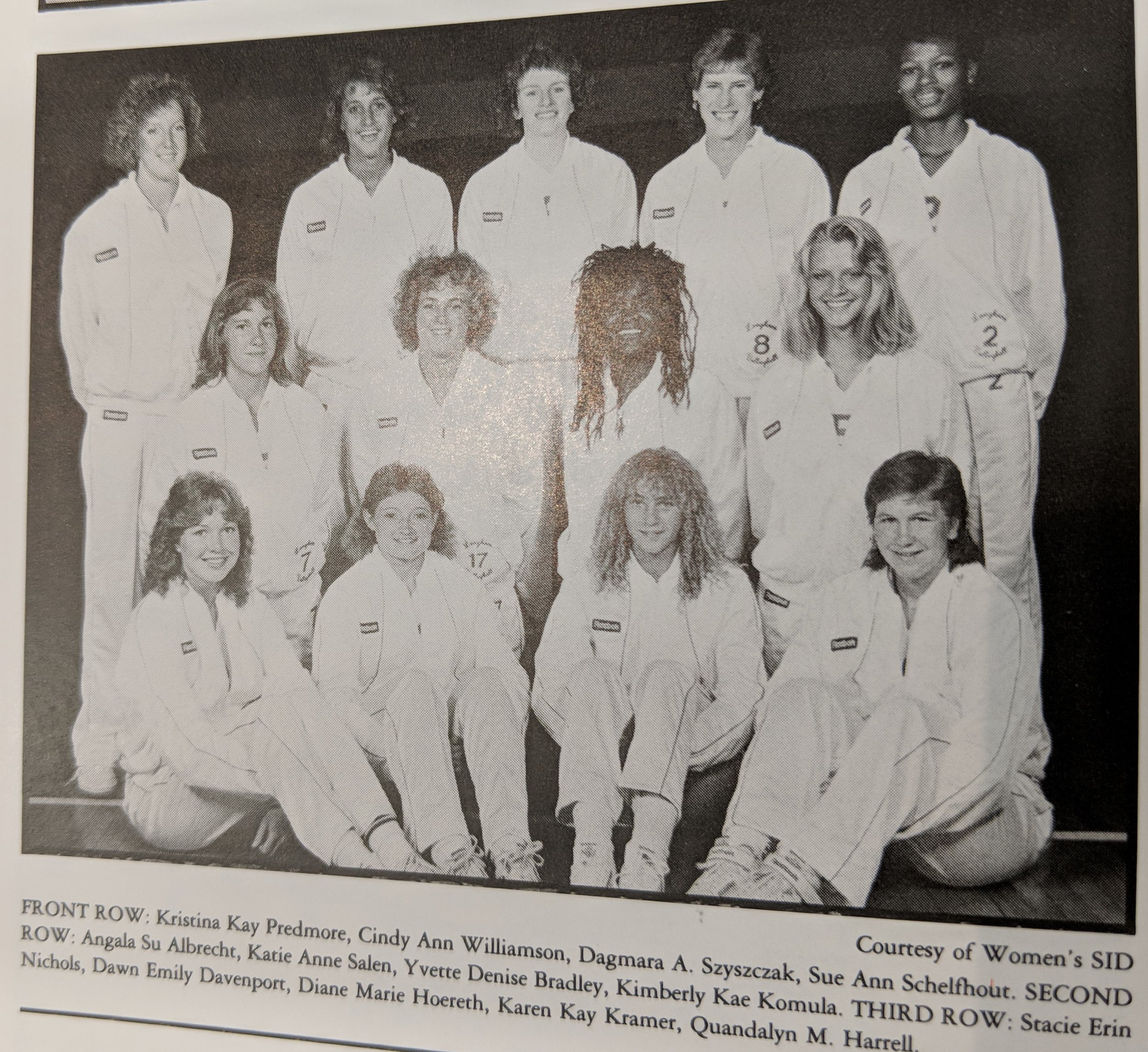  1987 volleyball  front- Predmore, Williamson, Szyszczak, Schelfhout, - middle- Albrecht, Salen, Bradley, Komula, - back- Nichols, Davenport, Hoereth, Kramer, Harrell 