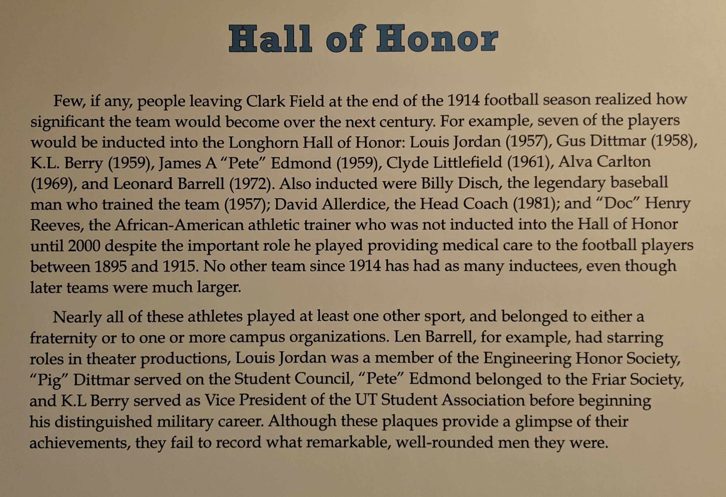 Hall of Honor Inductees from 1914