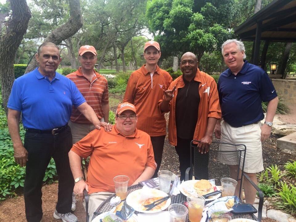2015 Texas Football Letterman golf tournament at Circle C. (Left to right) Juan Conde, A.D, Jim Hess,Johnny Lam Jones, Rodney Doutel, Jeff Crozier — with Jim Craig Hess and Rodney Doutel..jpg