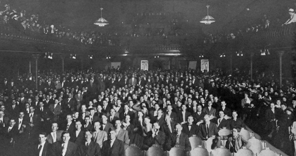 Texas-OU pep rally - only men were allowed on bottom floor. Women were required to sit in the upper decks. 