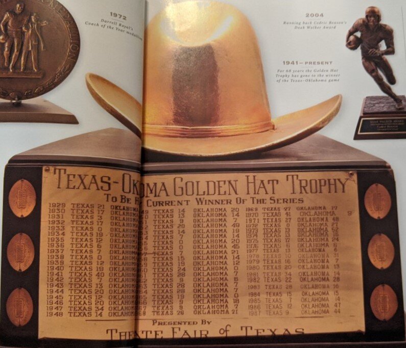 A ten-gallon hat starts the Golden Hat Trophy tradition awarding the hat to the winner of the Texas-OU game.&nbsp;