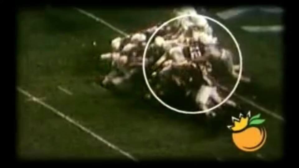 Tommy Nobis top right in circle stops Joe Namath