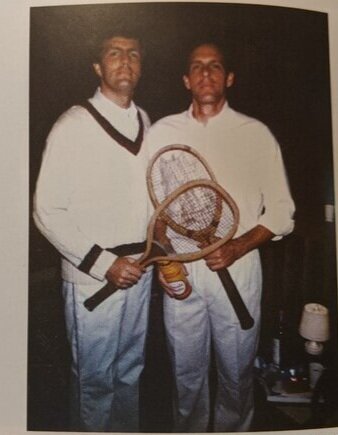  Jim with journalist and political commentator Brit Hume, sporting 1930s tennis attire at the latter’s 40th birthday party (June 1983) 