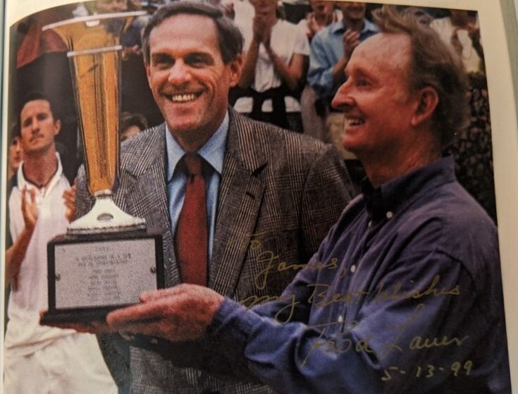  Jim presents the Langston Trophy to Rod Laver at the River Oaks Invitational in Houston, April 1999 