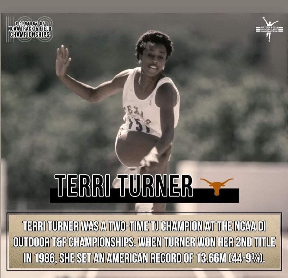  Terri Turner is National Champion in the Triple Jump in 1984 and 1986,&nbsp;and she is a 12 time All American. 