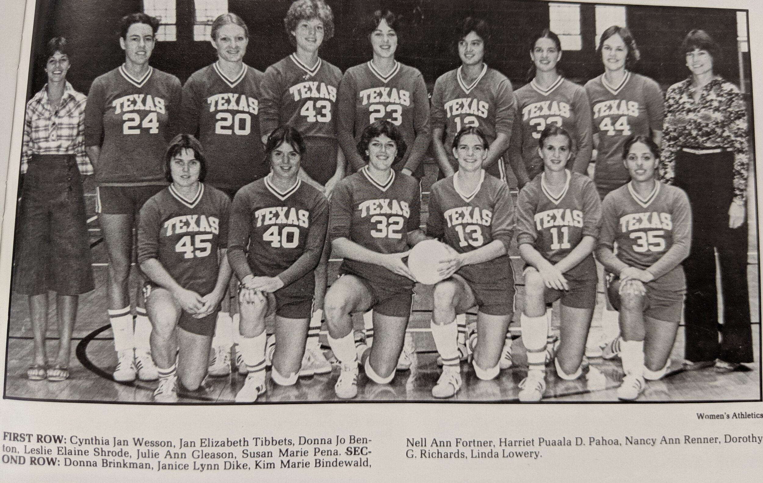  1979 volleyball front row - Wesson , Tibbets, Benton, Shrode, Gleason, Pena - back row- Brinkman, Dike, Bindwald, Fortner, Pahoa, Renner, Richards, Lowery 