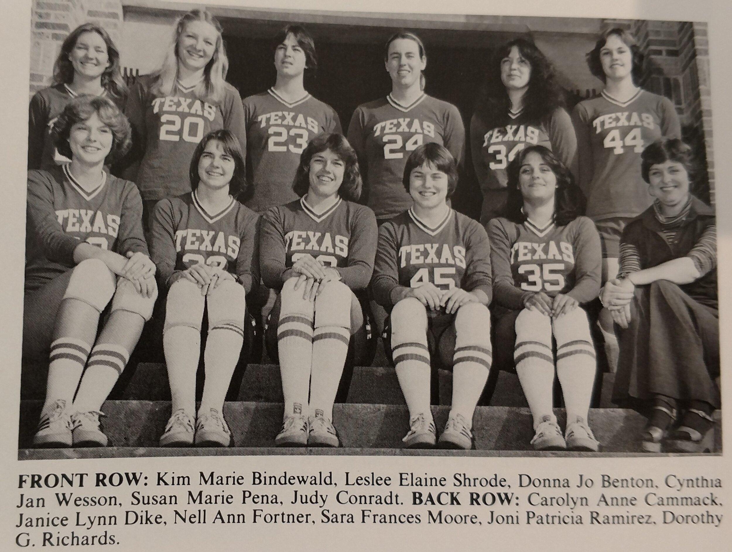  1976 women volleyball  Front row Bindewald, Shrode, Benton, Wesson, Pena, Conradt - back row Cammack, Dike, Fortner, Moore Ramirez, Richards 