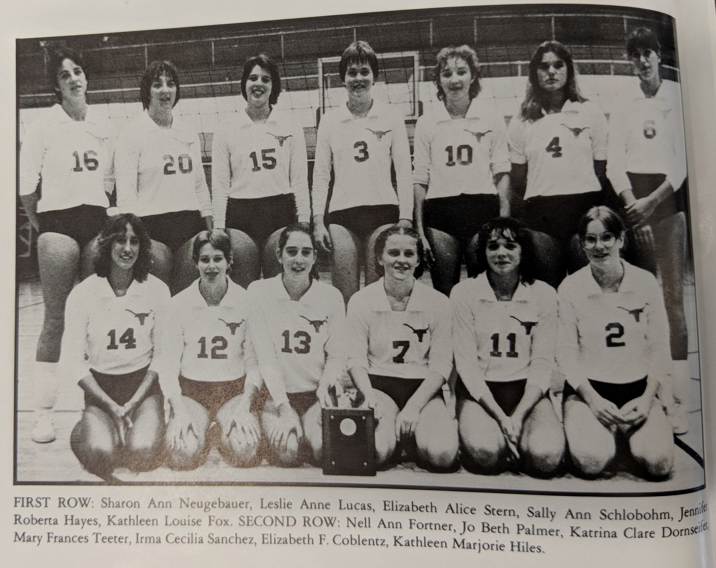  1982 W. Volleyball  first row- Neugebauer, Lucas, Stern, Schlobohm, Hayes, Fox  - top ros- 'Fortnere, Palmer, Dorn seifert, Teeter, Sanchez, Coblentz, Hiles. 