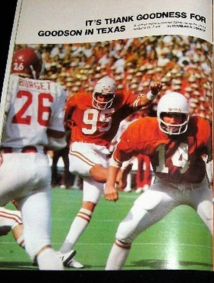 Texas squandered a 10-0 lead and trailed 13-10 before Rodney Tate's one-yard run and John Goodson's 40-yard field goal in the fourth quarter.John Goodson was a walk-on barefoot field goal kicker that impressed Akers with his talents.  Akers eye for …
