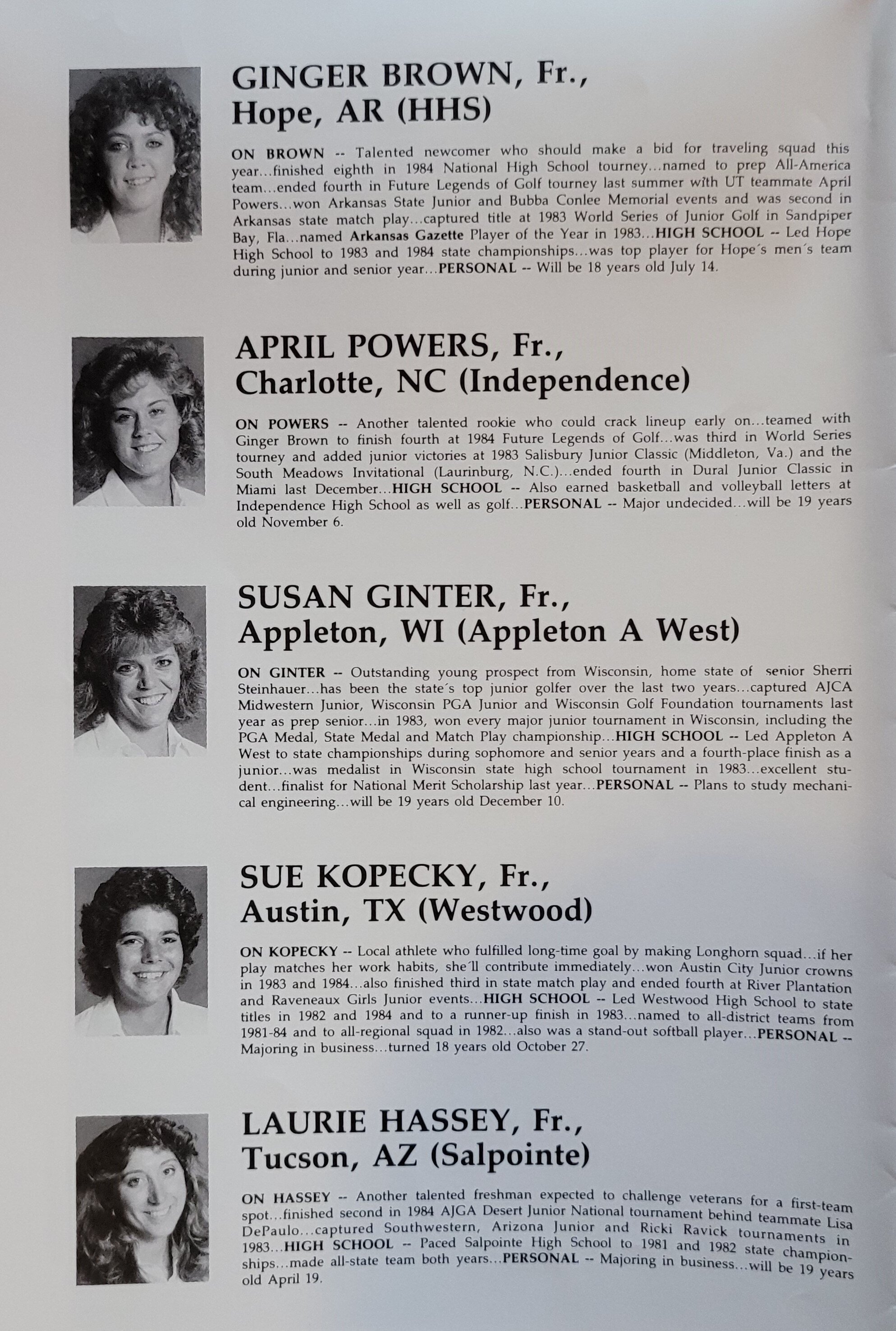 1985 women's golf Ginger Brown, Powers, Ginter, Kopecky, Hassey.jpg