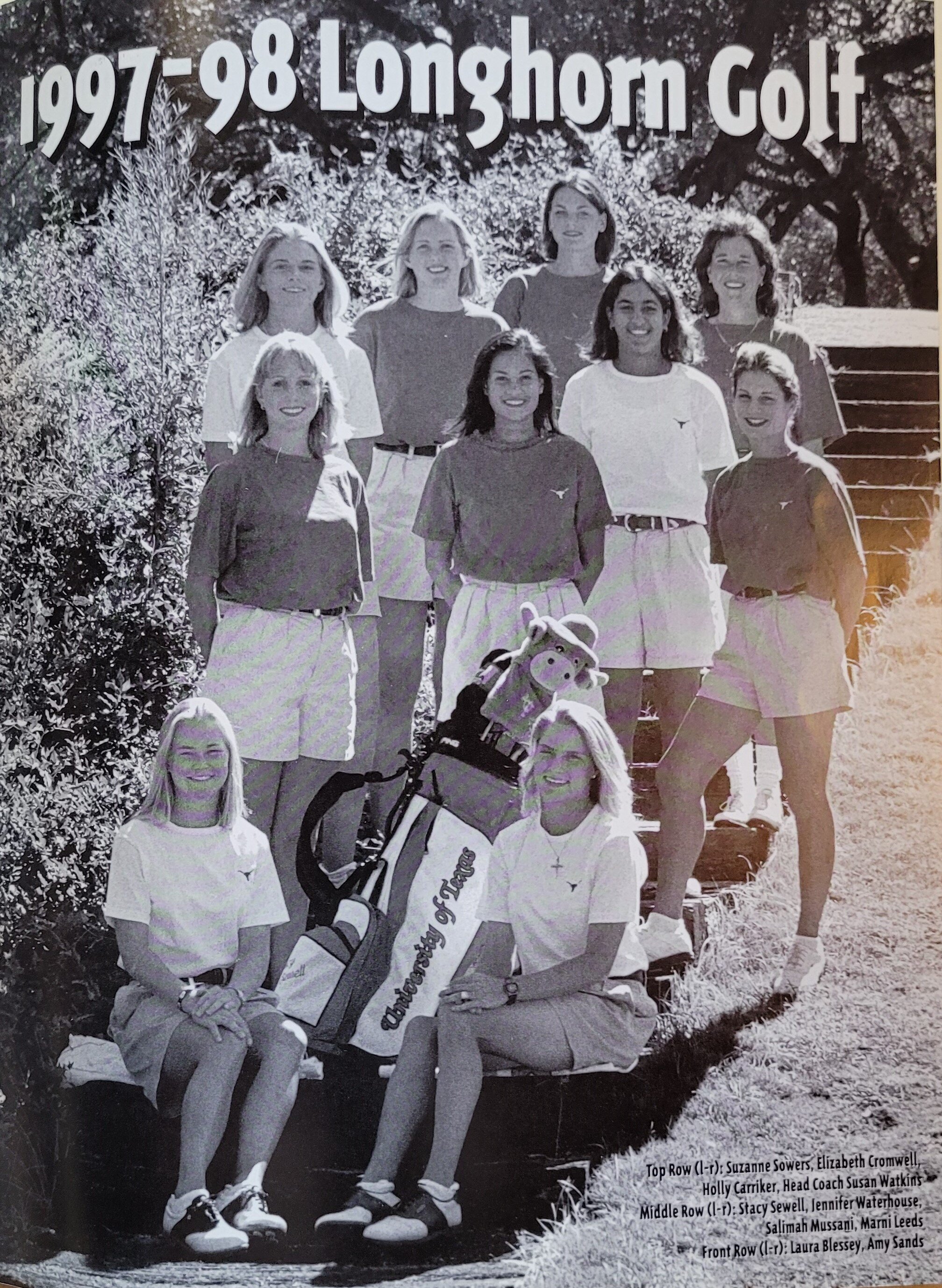  1998 women's golf  top Sowers, Cromwell, Carriker, Watkins, middle ,Sewell, Waterhouse, Mussani, Leeds , front,  Blessey, Sands 