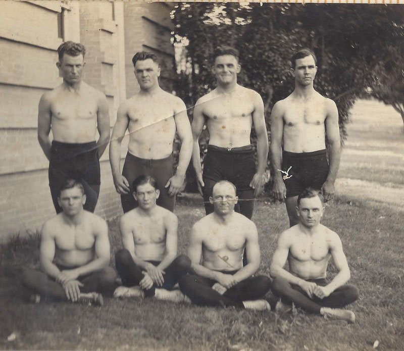  This is a photo of the 1922 varsity University of Texas wrestling team. Roy McLean is in the top row, far right. 