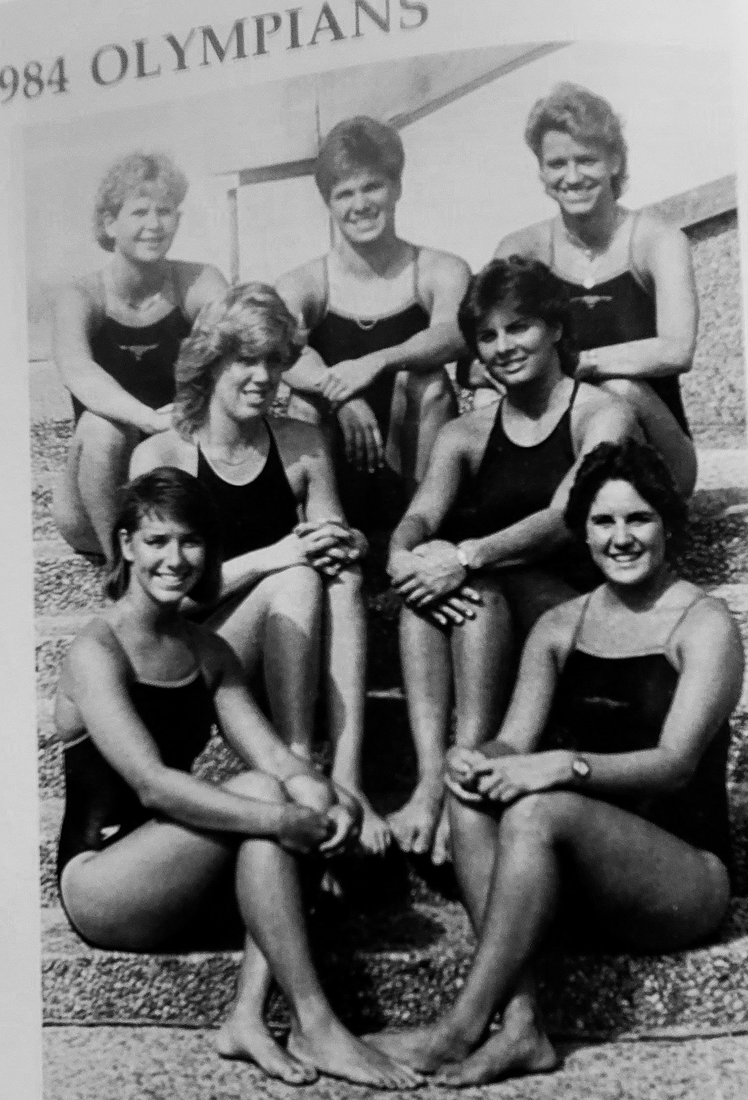  1984   women’s swimming Olympians bottom row Kim Rhondenbaug,  Sarah Guido-      middle row-  Tiffany Cohen, Carol Kimpel-     top row-  Angela  Eriksson, Betsy Mitchell, and   Tori Trees. 