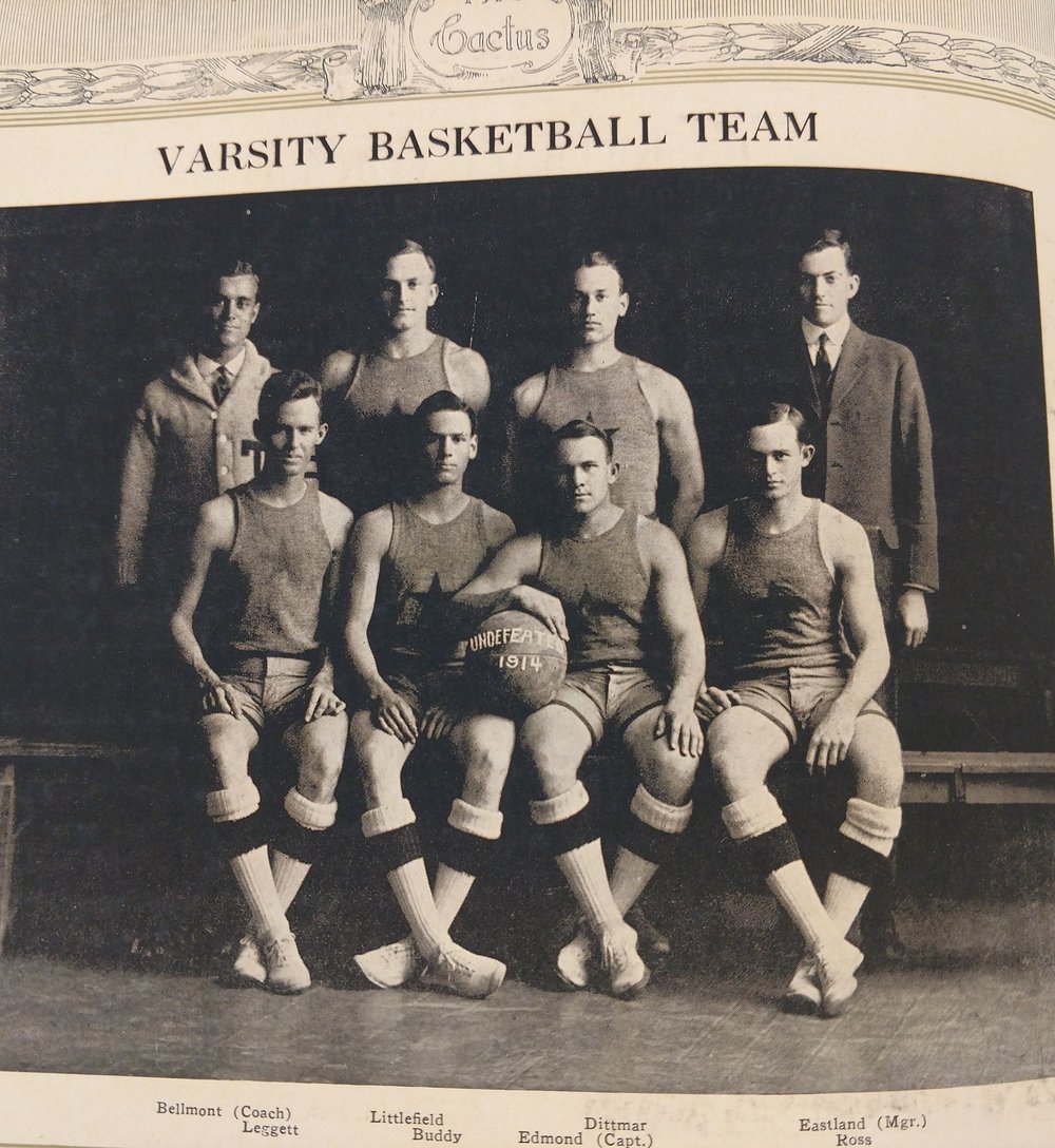 1913-1914 top Bellmont, Littlefield, Dittmar, Eastland mgr bottom  Leggett, Buddy , Edmond, Ross+basketball.jpg