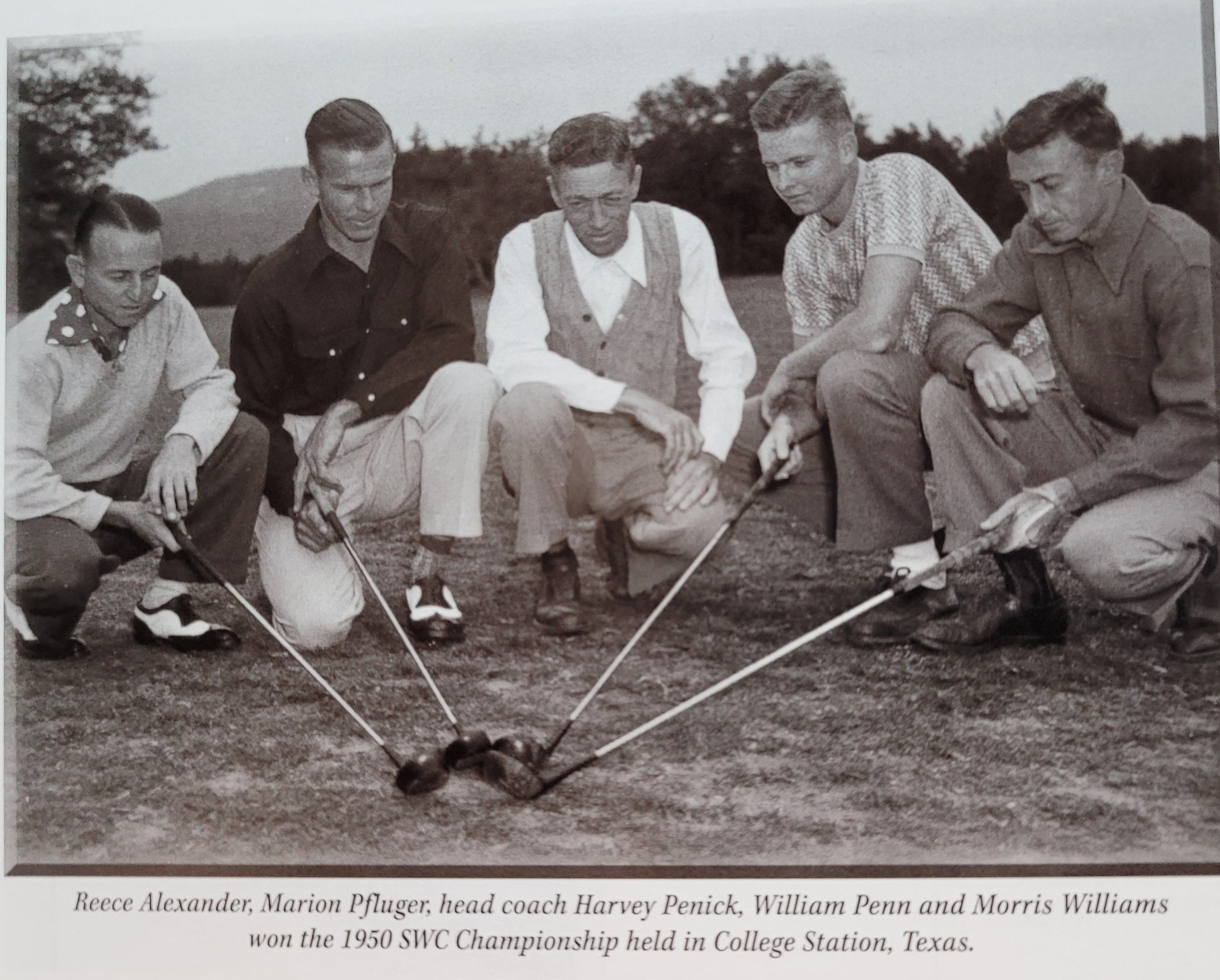 1950   Men's golf Reece Alexander, Marion Pfluger, Harvey Penick, William Penn and Morris Williams  1950 SWC champs.jpg