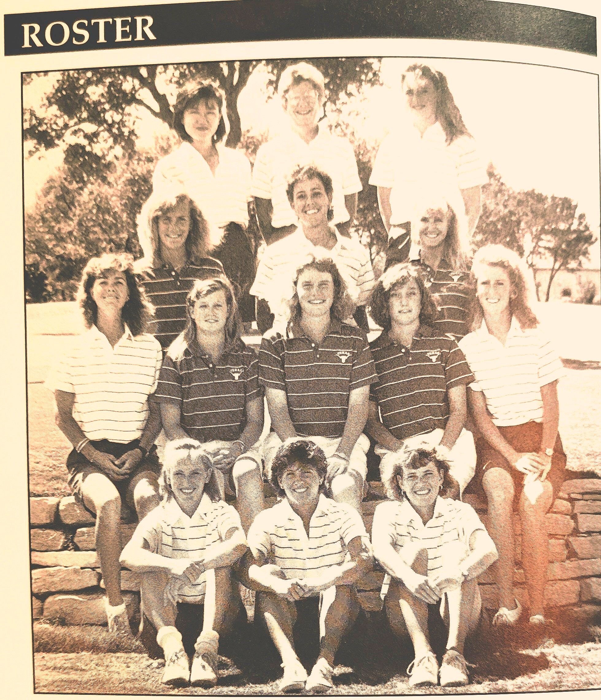  1990 women's golf  front Rinke, Haley, Fischer second Germs Burke, Anderson Mayhew, Hannafin, third Turner Wagner, Spangler manager, back Hattori, Weis Stott. 