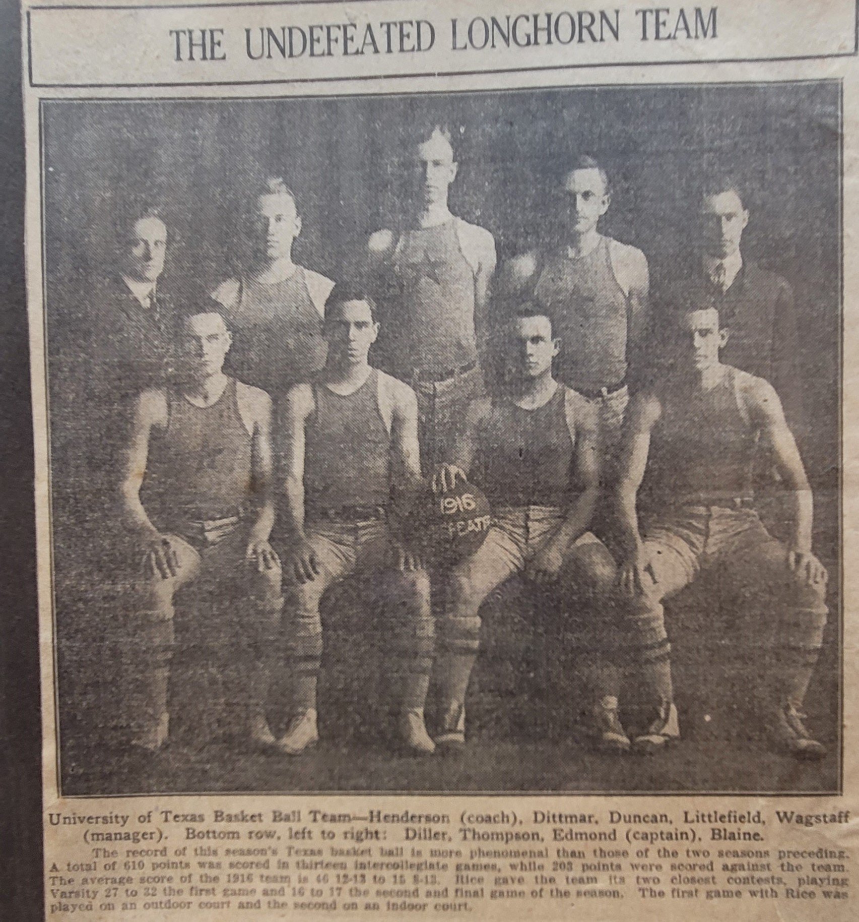  1916 basketball  top- Henderson, Duncan, Littlefiedl, WagStaff (manager) bottom Diller, Thompson, Edmond (captain) and Blaine.jpg 