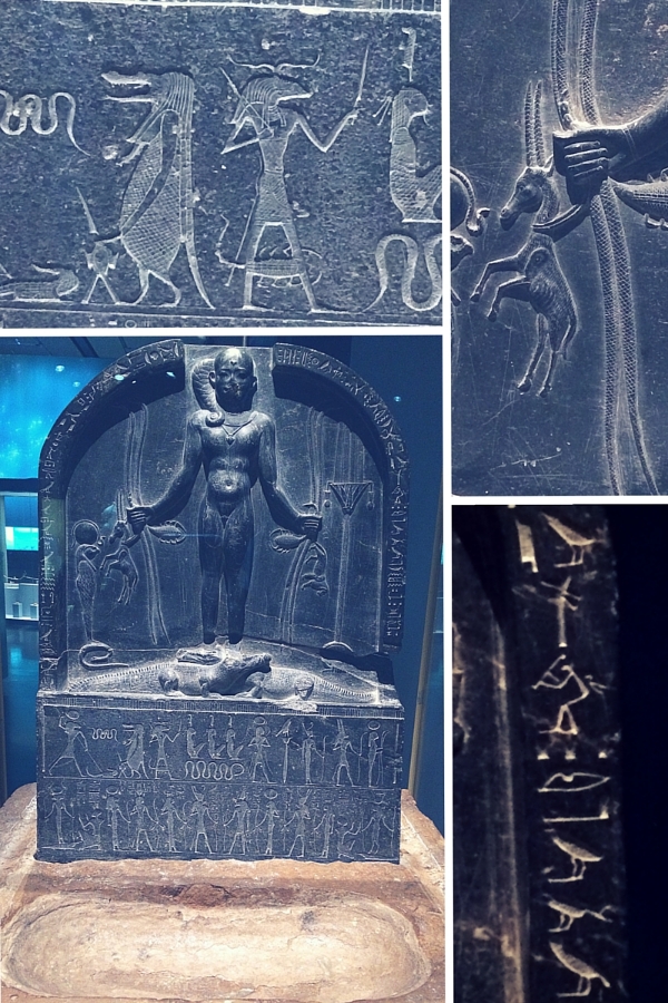 Horus Cippus, 380-342BC, Egyptian Museum, with details of scenes (above and top right) and hieroglyphs (bottom right). Photo author's own. 