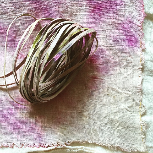 the results of hemp fabric & cotton taping dyed with Godetia flowers.