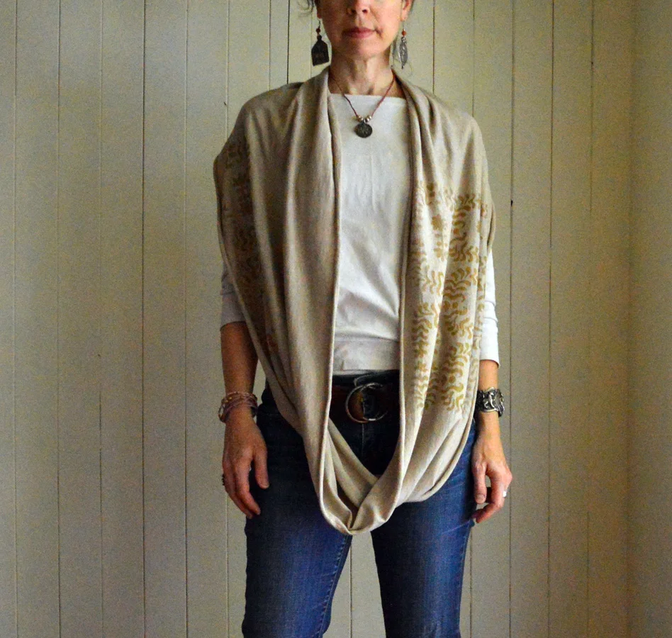 hemp/organic cotton jersey circle scarf dyed with black walnut hulls & printed with metallic gold.