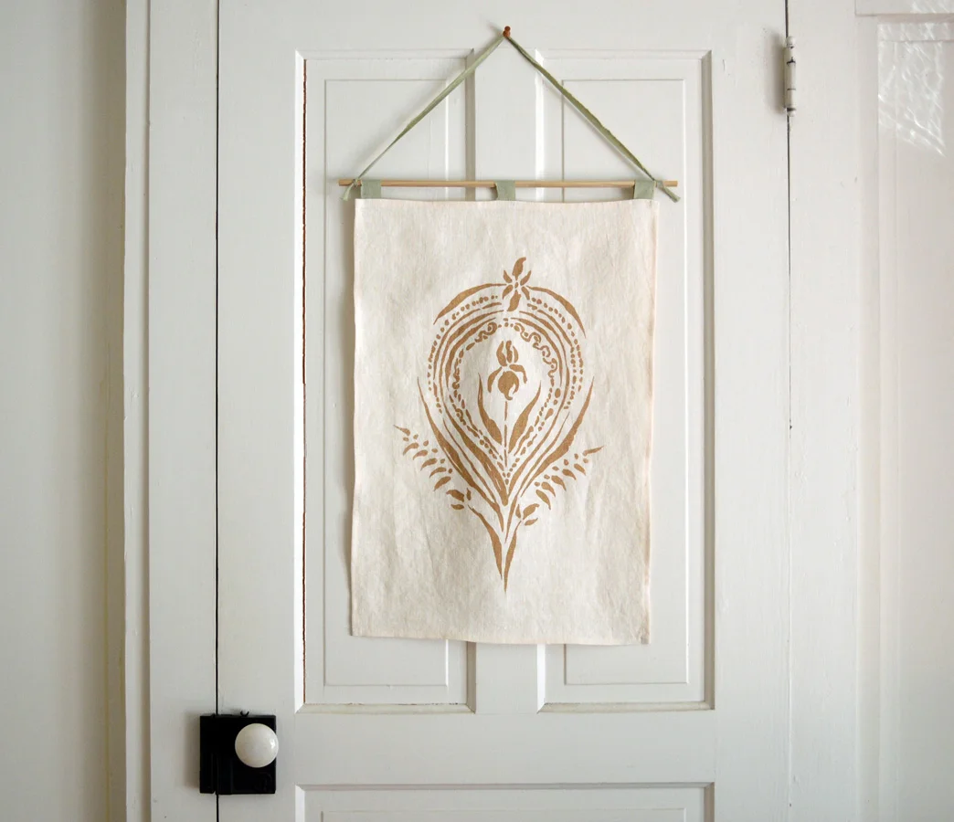 Wall hanging with Mother Earth Altar printed on natural earthy hemp textile by Untold Imprint