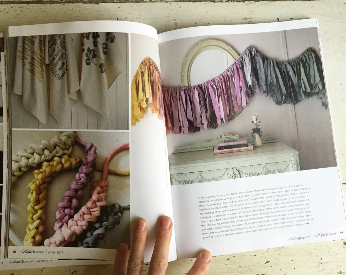 Untold Imprint's Wanderlust Garland, printed cotton towels, and textile jewelry in Artful Blogging magazine.