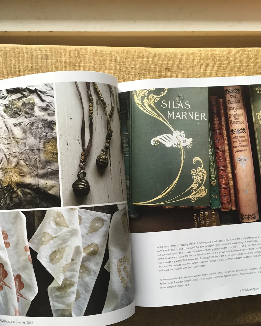 Untold Imprint eco dyed fabric, block printed hemp napkins, and a collection of antique books in Artful Blogging magazine Winter 2017