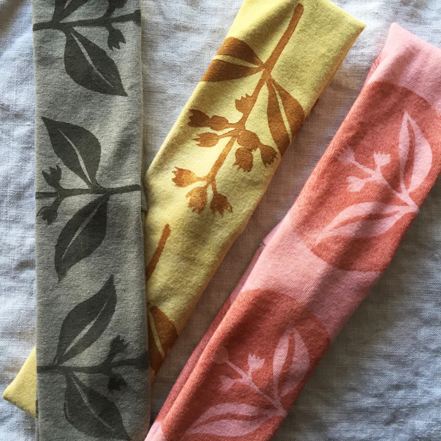 block printed, naturally dyed headbands 