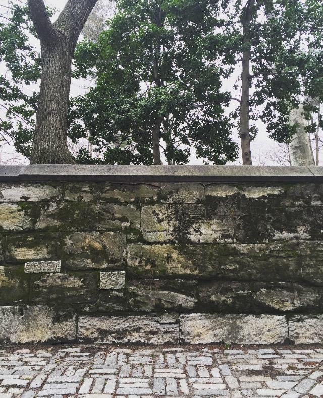 moss covered walls of Central Park near The Metropolitan Museum of Art.