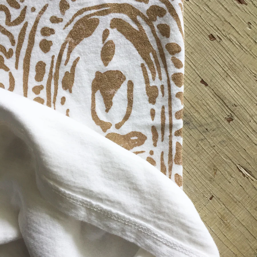 Buddha print in metallic gold ink on white t-shirt ~ hand printed by Untold Imprint